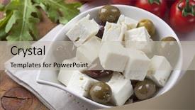  Presentation with greek feta cheese famous dairy - Colorful presentation design enhanced with background image with stage blurred lights and beams backdrop and a dark gray colored foreground