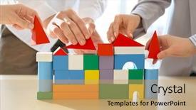  Presentation with people unity - PPT theme having cubes achivement - people building house together background and a yellow colored foreground