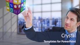  Presentation with 3d cube - PPT layouts having cubes achivement - serious businessman pointing at cube background and a  colored foreground