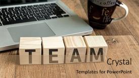  Presentation with cube - Slide deck enhanced with cubes achivement - team written on a wooden background and a coral colored foreground