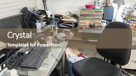  Presentation with messy - Cool new slide deck with cubic - messy office with clutter filed backdrop and a coral colored foreground