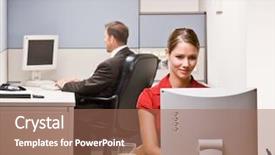  Presentation with computer burn - Audience pleasing presentation theme consisting of cubicles - businesswoman typing on computer backdrop and a coral colored foreground