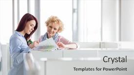  Presentation with creative - Slide deck enhanced with cubicles - businesswomen discussing in creative office background and a light gray colored foreground