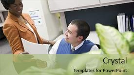  Presentation with farewell colleagues - PPT theme with employee evaluation - colleagues in office background and a mint green colored foreground