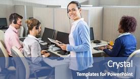  Presentation with customer service - Beautiful PPT theme featuring apps services - customer service executive standing backdrop and a ocean colored foreground