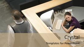  Presentation with receptionist - Slides having man passing bored receptionist background and a coral colored foreground