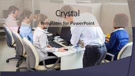  Presentation with call center - Slide deck with cubicles - manager assisting young female customer background and a mint green colored foreground