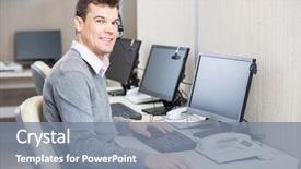  Presentation with customer service reporting - Colorful theme enhanced with cubicles - portrait of young male customer backdrop and a light blue colored foreground