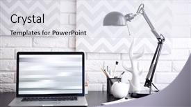  Presentation with workplace - Colorful presentation theme enhanced with cubicles - workplace with laptop on table backdrop and a sky blue colored foreground