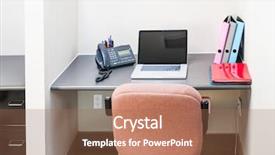  Presentation with office desk reception - Cool new PPT theme with office with swivel chair desk backdrop and a coral colored foreground