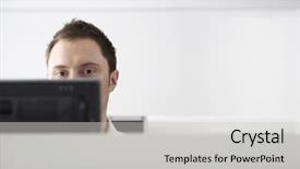  Presentation with history of a computer - Beautiful PPT theme featuring cubicles - young businessman using computer backdrop and a  colored foreground