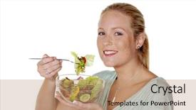  Presentation with healthy eating - Theme having cucumber free - young woman eating a fresh background and a coral colored foreground