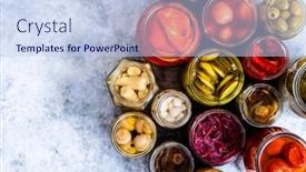  Presentation with canning - Theme consisting of cucumber-pepper-tomatoes-mushrooms-pickling background and a light blue colored foreground
