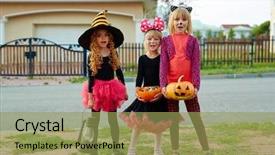  Presentation with girls trip - Beautiful PPT layouts featuring cucurbita - trick-or-treat girls asking for candies backdrop and a  colored foreground