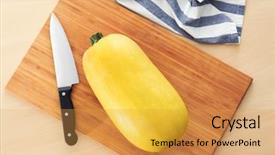  Presentation with wooden boat at sea edge - Presentation design consisting of cucurbita pepo - fresh spaghetti squash on wooden background and a yellow colored foreground