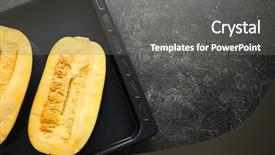  Presentation with helva fresh sliced halva - Presentation design featuring cucurbita pepo - halves of fresh spaghetti squash background and a gray colored foreground