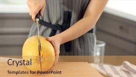  Presentation with vegetable cutting board - Slides with cucurbita pepo - woman cutting spaghetti squash background and a yellow colored foreground