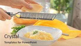  Presentation with spaghetti - PPT theme having cucurbita pepo - woman grating cheese on spaghetti background and a lemonade colored foreground