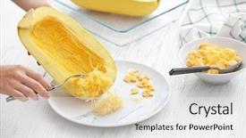  Presentation with man watching woman preparing vegetables - PPT theme having cucurbita pepo - woman preparing spaghetti squash background and a white colored foreground