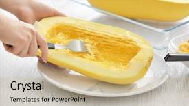  Presentation with man watching woman preparing vegetables - Cool new PPT theme with cucurbita pepo - woman preparing spaghetti squash backdrop and a coral colored foreground