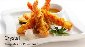  Presentation with japanese food - Slides enhanced with cuisine - tempura shrimps deep fried background and a coral colored foreground