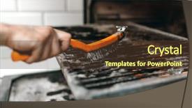  Presentation with food grill - Slide deck having culinaire food - cook hands with metal brush background and a tawny brown colored foreground