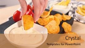  Presentation with food chips - PPT theme featuring culinaire food - hand of woman eating chips background and a yellow colored foreground