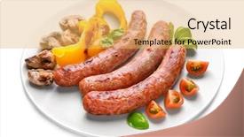  Presentation with white plate - Cool new PPT theme with culinaire food - plate with delicious grilled sausages backdrop and a yellow colored foreground