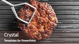  Presentation with grill - Cool new presentation with culinaire food - tongs putting burger patty backdrop and a tawny brown colored foreground