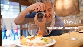  Presentation with culinary arts - Audience pleasing presentation theme consisting of culinary arts - mature photographer taking photos backdrop and a coral colored foreground