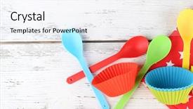  Presentation with culinary arts - Audience pleasing presentation theme consisting of culinary arts - plastic bowls and spoons backdrop and a sky blue colored foreground