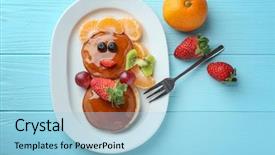  Presentation with rustic wood wooden frame - Beautiful PPT theme featuring culinary arts - plate with creative homemade pancakes backdrop and a light blue colored foreground