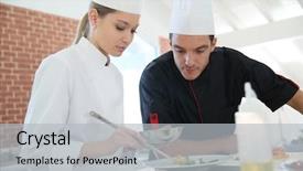  Presentation with cooking chef - Audience pleasing slide set consisting of culinary teaching - girl in cooking training class backdrop and a light gray colored foreground