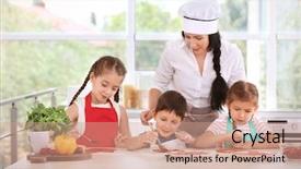  Presentation with culinary - PPT layouts enhanced with culinary teaching - group of children and teacher background and a coral colored foreground