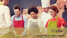  Presentation with culinary - Presentation theme enhanced with culinary teaching - happy friends and chef cook background and a yellow colored foreground