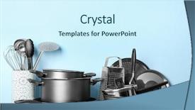  Presentation with prepared salads - Colorful slide set enhanced with culinary teaching - kitchenware prepared for cooking classes backdrop and a cool aqua colored foreground