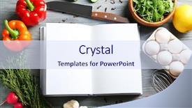  Presentation with notebook - PPT theme having culinary teaching - open notebook and vegetables background and a sky blue colored foreground