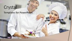  Presentation with busy work - Cool new presentation theme with culinary teaching - picture showing busy chefs backdrop and a  colored foreground