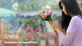  Presentation with incense sticks - Presentation theme having cult - cute vietnamese girl praying outdoor background and a coral colored foreground