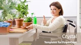  Presentation with wheelchair accessible images at school - PPT theme with cultivated - woman in wheelchair cultivating houseplants background and a coral colored foreground