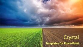  Presentation with meadow - Beautiful presentation design featuring cultivated green meadow and heavy sky clouds rural scene backdrop and a tawny brown colored foreground