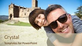  Presentation with family heritage - PPT theme with chivalric - father and son posing background and a  colored foreground