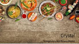  Presentation with food meals - PPT layouts enhanced with cultural frames - various of asian meals background and a coral colored foreground
