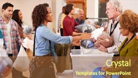  Presentation with cultural center - Audience pleasing slide deck consisting of cultural issues - people donating clothing to charity backdrop and a tawny brown colored foreground