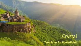  Presentation with monastery - Audience pleasing PPT theme consisting of cultural tourism - ancient monastery in setting sun backdrop and a tawny brown colored foreground