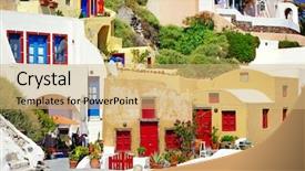  Presentation with economic crisis in greece - Presentation design having cultural tourism - colors of greece - santorini background and a coral colored foreground