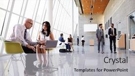  Presentation with meetings - Amazing presentation design having culture - business meetings in busy office backdrop and a light gray colored foreground
