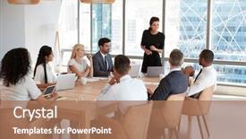  Presentation with board meeting - Presentation design enhanced with culture - businesswoman stands to address meeting background and a coral colored foreground