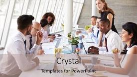  Presentation with meeting table - Presentation design consisting of culture - caucasian businesswoman leading meeting background and a coral colored foreground