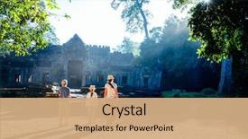  Presentation with archaeological - Amazing PPT theme having culture - family visiting ancient preah khan backdrop and a coral colored foreground